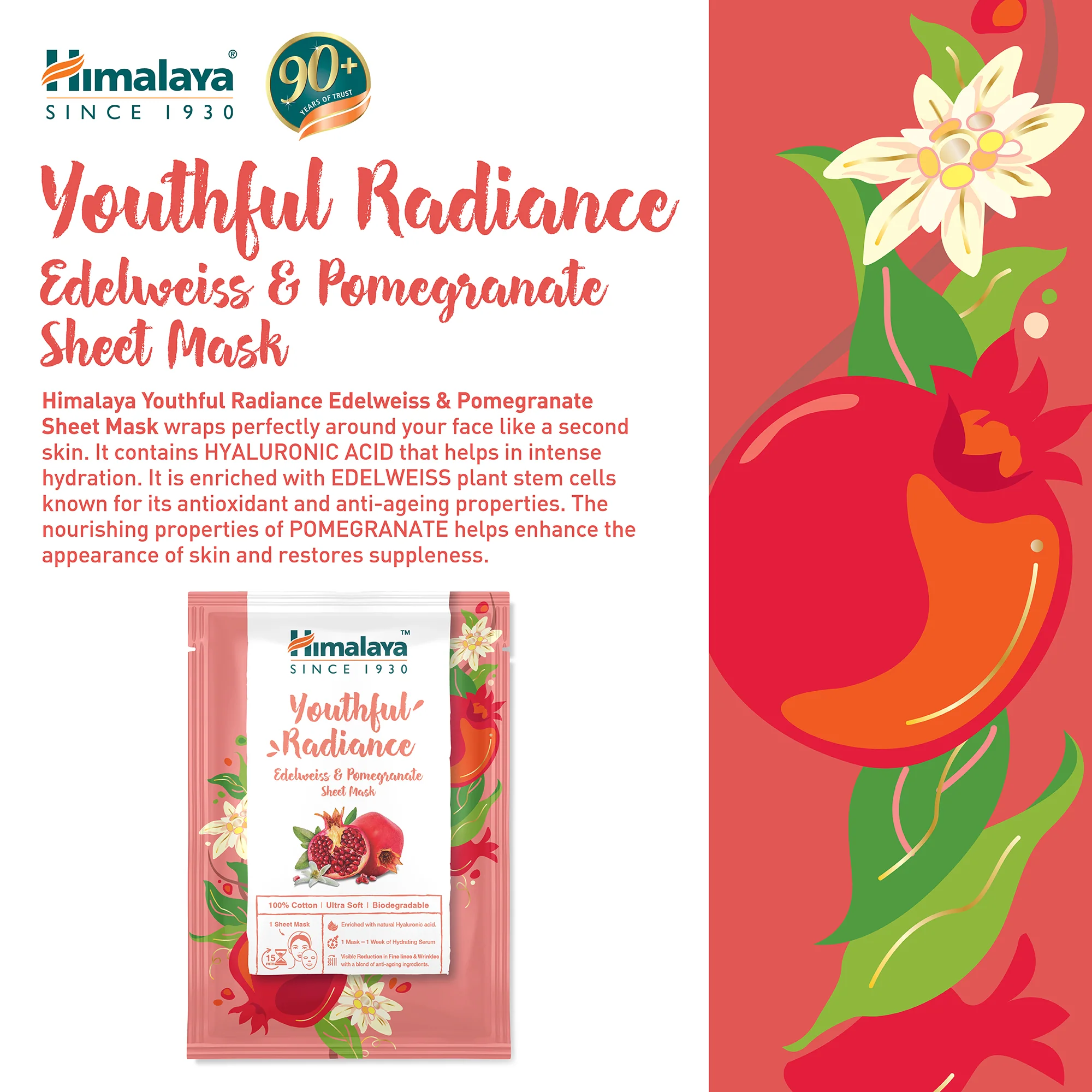 Himalaya Youthful Radiance Edelweiss & Pomegranate Sheet Mask - 30ml - Image 4